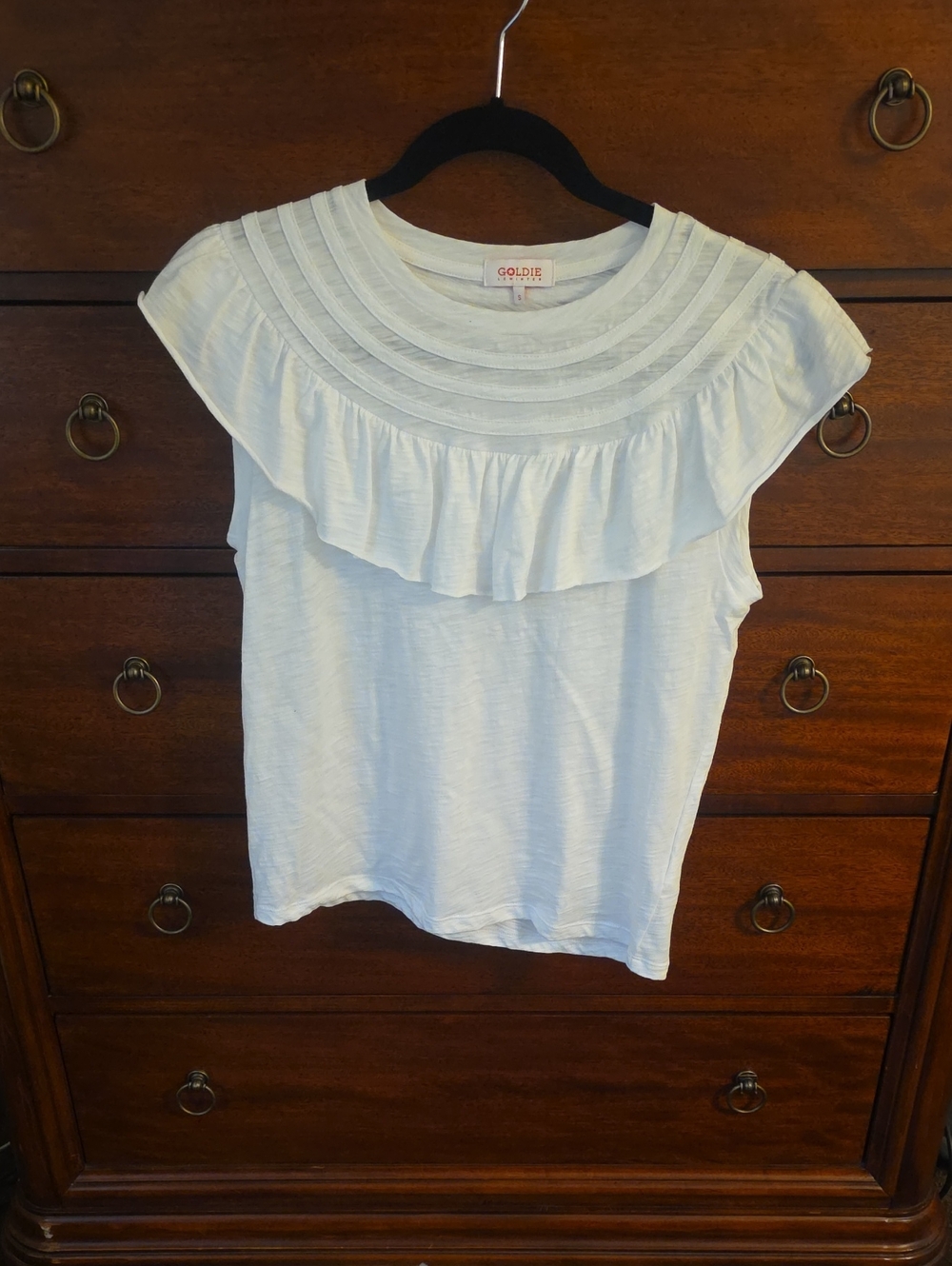 Goldie White Short Sleeve Ruffle Yoke Top (NWOT)